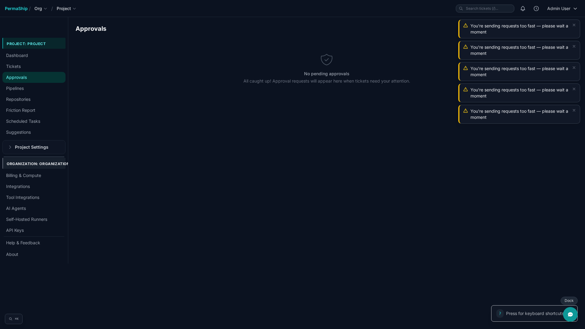 Approvals queue showing pending human requests with urgency indicators