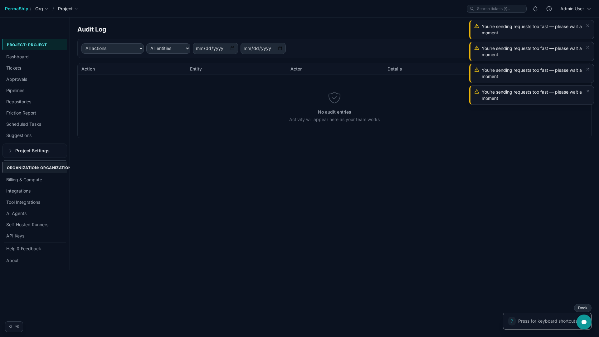 Audit log showing tracked actions with filters by type, entity, and date range