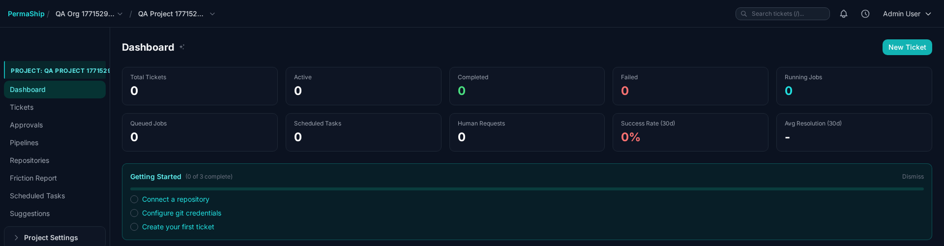 Dashboard stats cards showing Total Tickets, Active, Completed, Failed, Running Jobs, and more