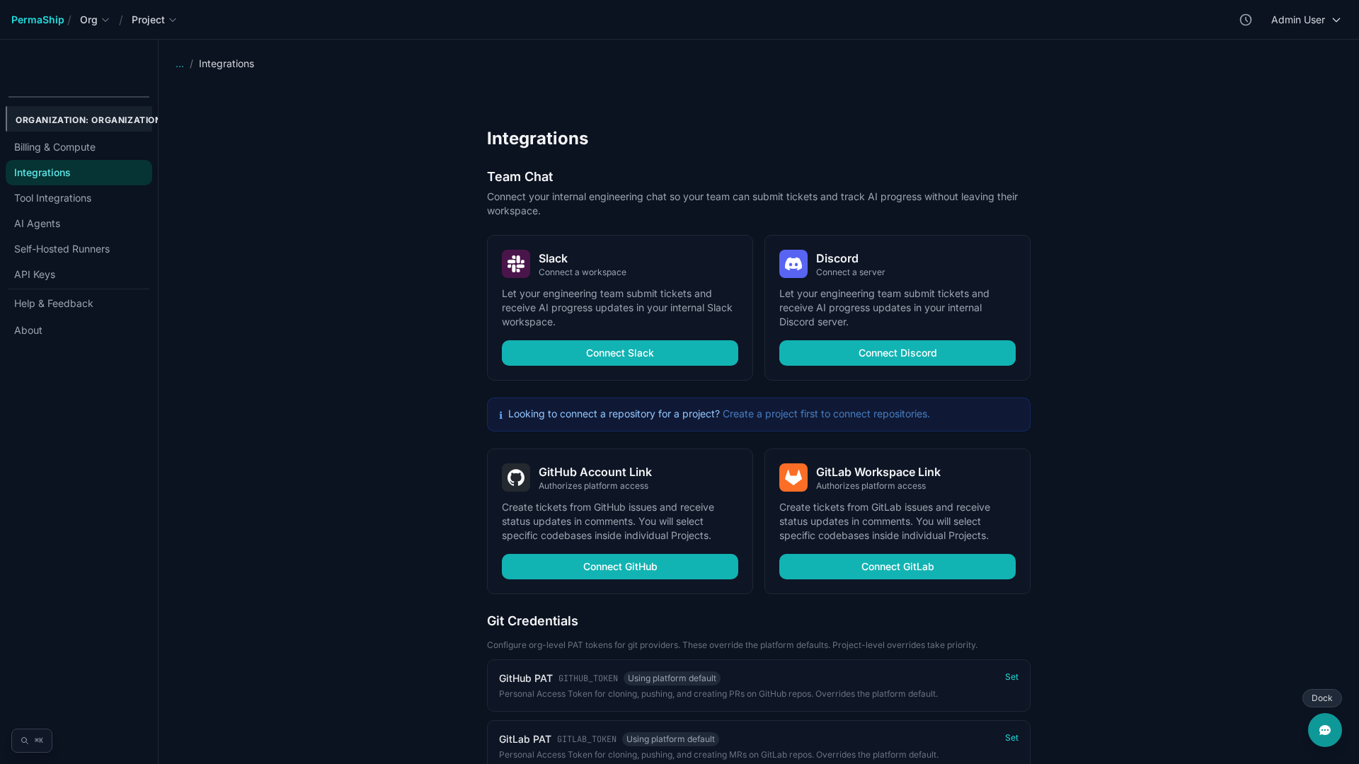 Integrations page showing connected platforms with Slack, Discord, GitHub, and GitLab