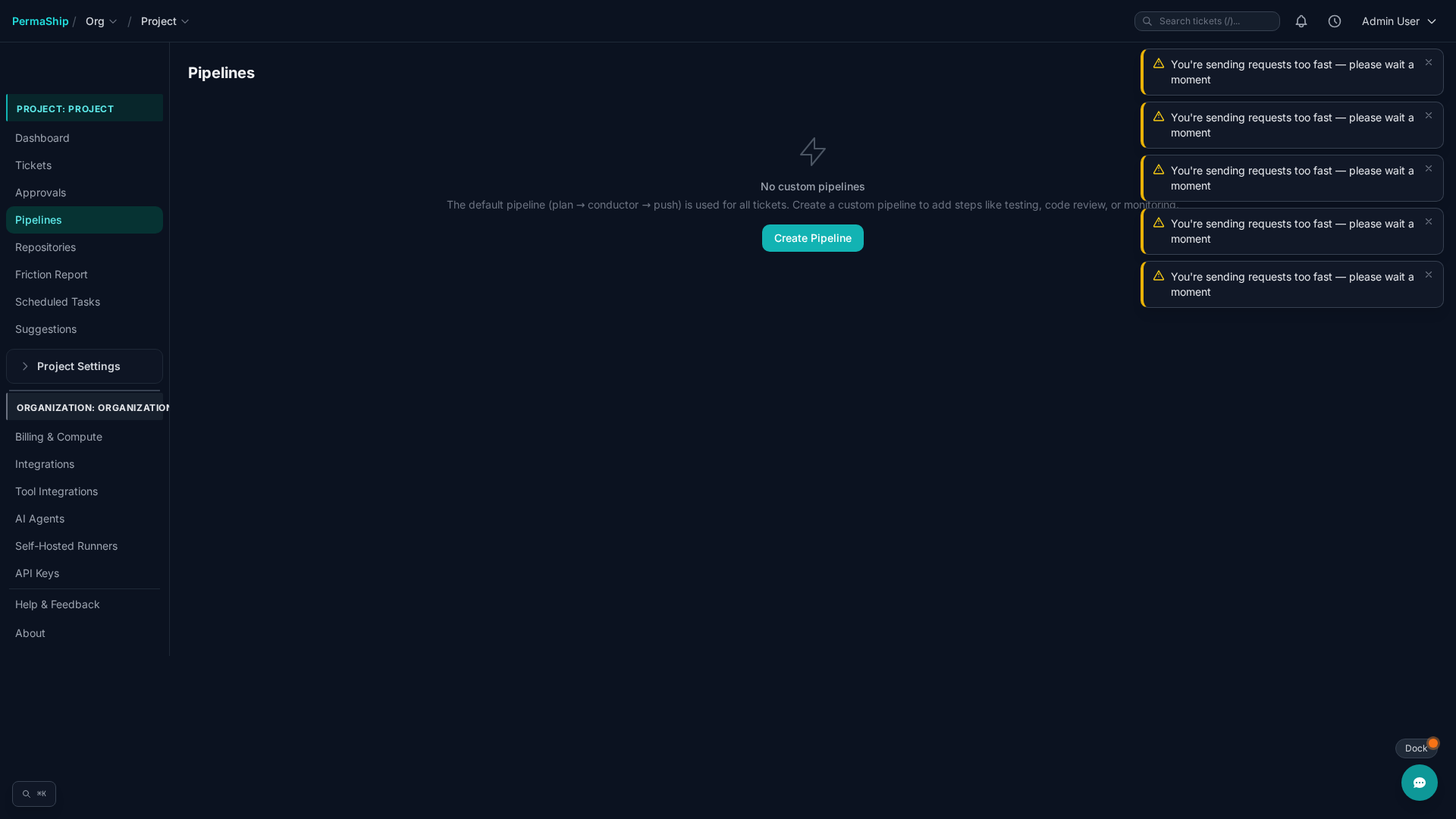 Custom pipeline editor with step types, conditions, and ordering