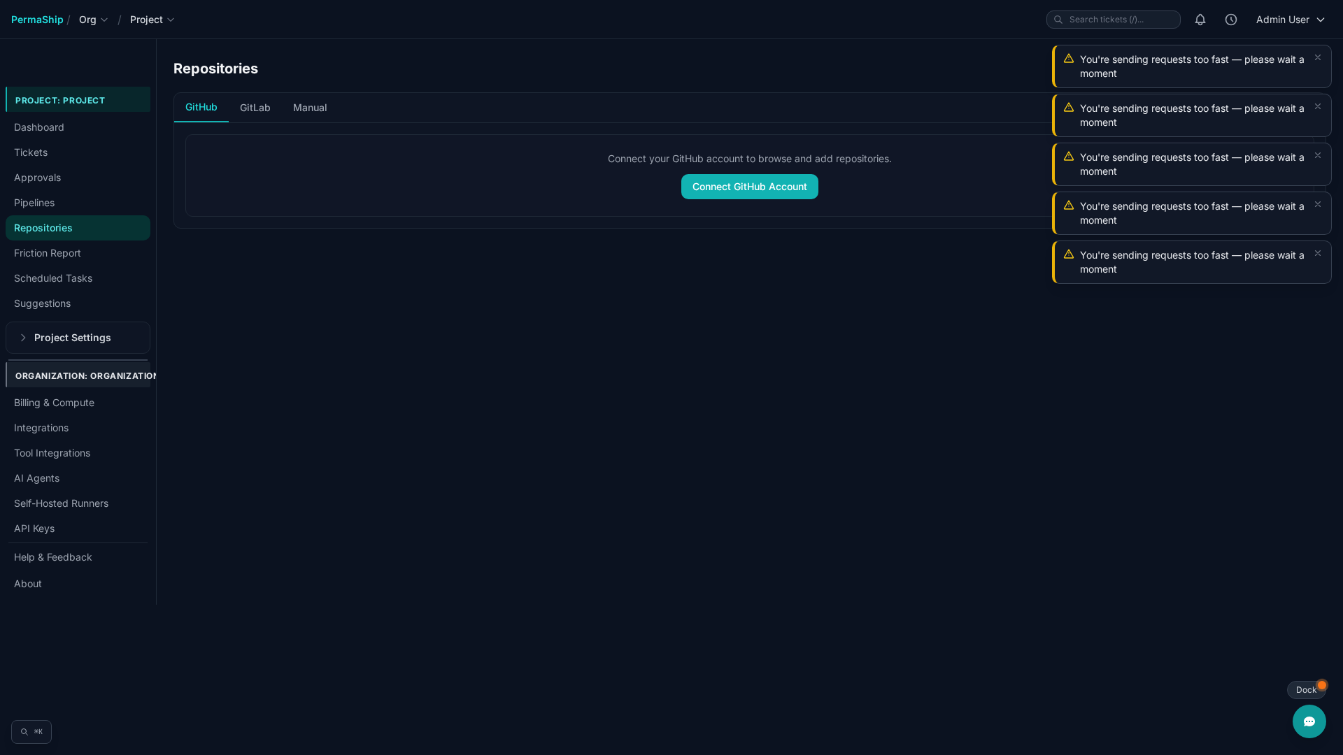 Connected repositories table showing provider, branch, and webhook secret