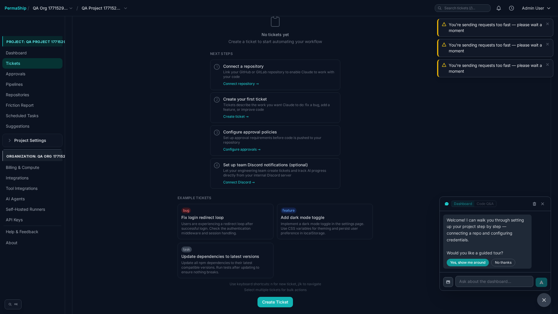 Ticket detail page showing pipeline stepper, status, and conversation thread