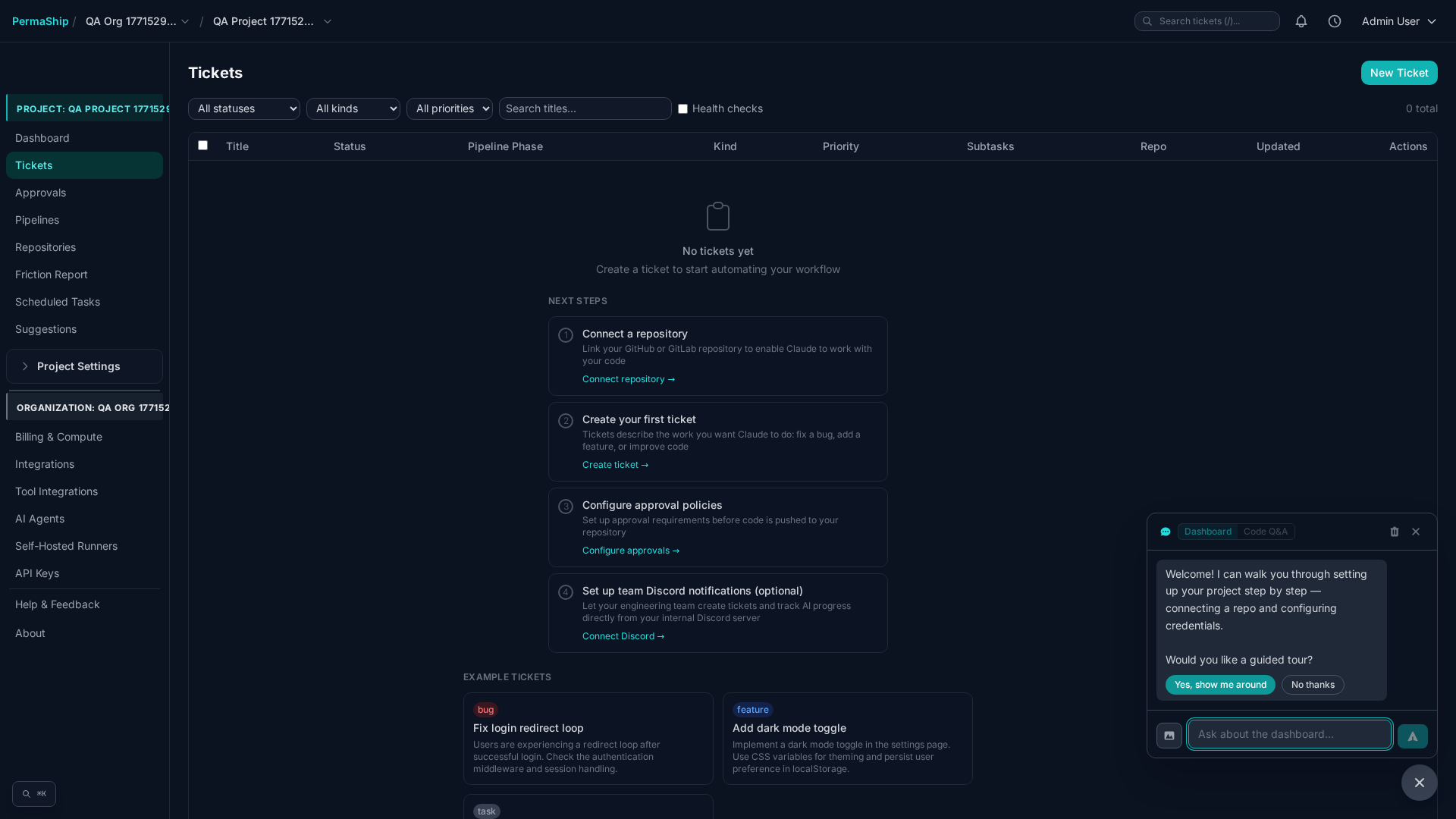 Tickets list with filtering, sorting, and status columns